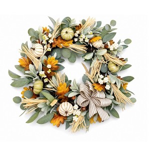 24-Inch Fall Wreath for Front Door, Autumn Harvest Wreath with Bow ...