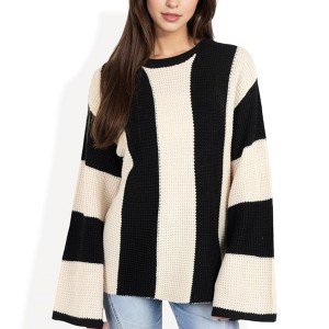 Anna-Kaci Women's Striped Long Sleeve Sweater Waffle Knit Pattern with Bell Sleeves - X Large, Light Beige - 1 of 4