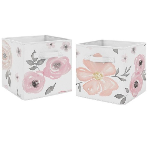 Sweet Jojo Designs Fabric Storage Bins Set Floral Watercolor Pink Grey and White - image 1 of 3