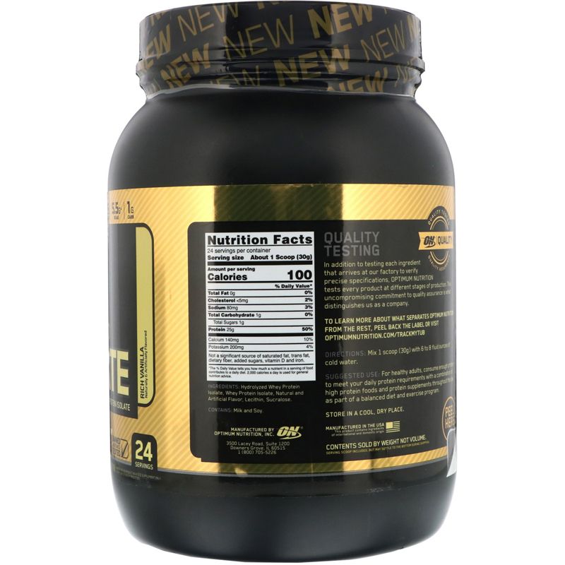 Optimum Nutrition Gold Standard 100% Isolate, Rich Vanilla, 1.58 lb (720 g), 2 of 3