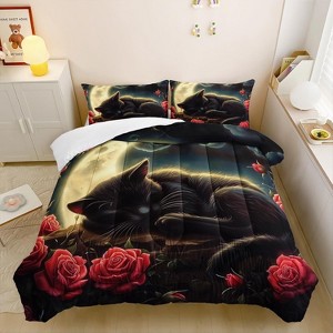 Hachikiko 3D Black Cat Comforter Set - Moon & Red Rose All-Season Bedding with 2 Pillowcases - 1 of 4