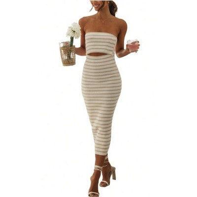 Nmoder Women Summer Casual Tube Dresses Strapless Backless Hollowed Striped Patchwork Long Dress Clubwear