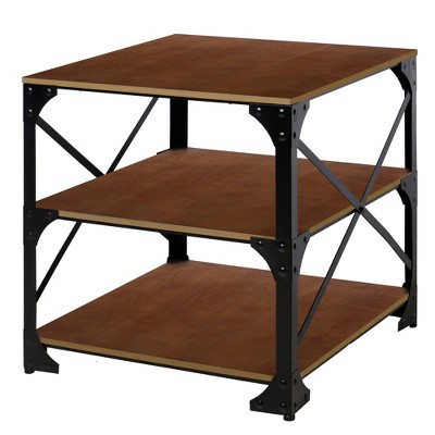 3 Tier Industrial Style Metal Side End Table with Wooden Shelves Brown/Bronze - Benzara