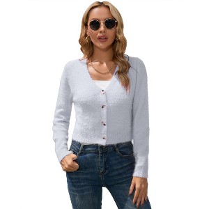 Coolmee Women's Furry Cropped Cardigan Long Sleeves Open Front V-Neck Button Down Casual Knit Sweater Coat - 1 of 4