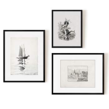 Americanflat 3 Piece Vintage Gallery Wall Art Set - Calm Sailing, Lucerne Sketch, Bears by Maple + Oak