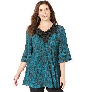 Catherines Women's Plus Size Petite Velvet Trim Pleated Blouse - 1 of 4