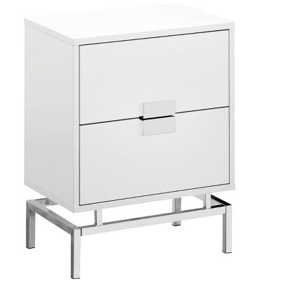 Vynxaria Contemporary Modern Accent Table Glossy White Laminate, Chrome Metal Base, 2 Storage Drawers, Versatile as Side/End Table & Nightstand