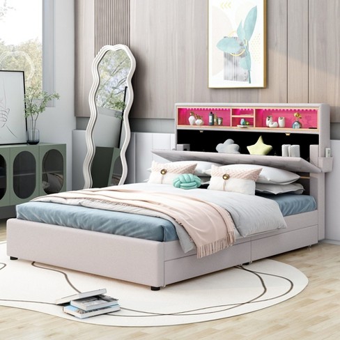 Full Size Upholstered Platform Bed With Storage Headboard Led Usb Charging And 2 Drawers Target