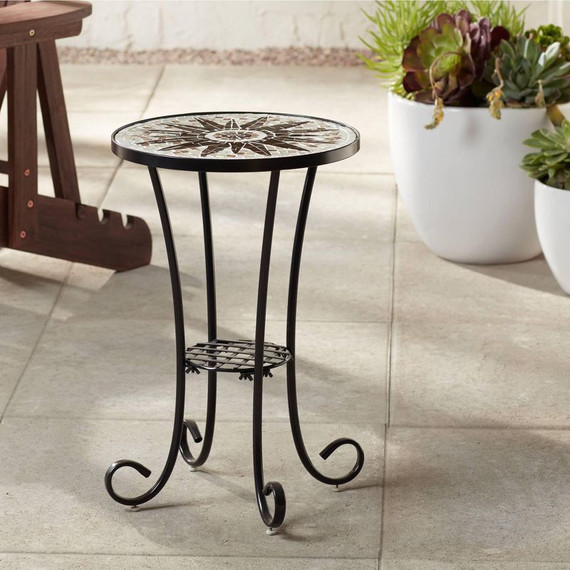 Teal Island Designs Modern Black Round Outdoor Accent Side Table 14" Wide Brown Sunburst Mosaic Tabletop for Front Porch Patio House, 2 of 9