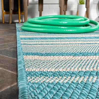 Aqua and Cream Stripe Synthetic 4' x 6' Indoor/Outdoor Rug