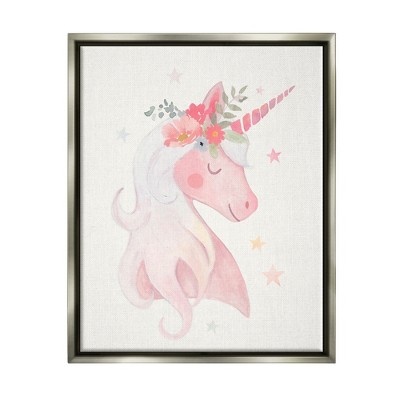 Stupell Industries Pastel Smiling Unicorn Pink Flower Blossom CrownFloater Canvas Wall Art