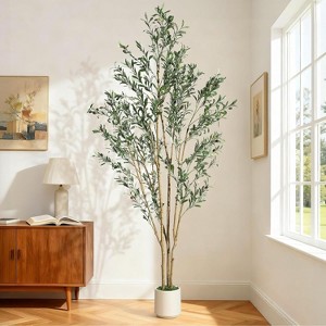 Olive Trees Artificial Indoor, Tall Faux Olive Tree with Black Planter & Green Fake Moss, Artificial Plants with Natural Wood Trunk & Lifelike Fruits - 1 of 4