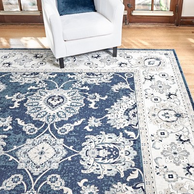 Moena Navy Blue and Ivory Synthetic Persian Area Rug