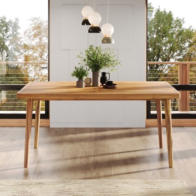 63" Acacia Wood Outdoor Dining Table,Rectangle Slatted Patio Table with Umbrella Hole,Wooden Kitchen Dininig Table 4-6 Seater-Coolbibila