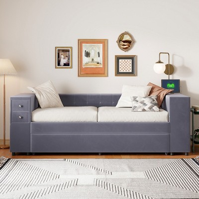 Whisen Twin Size Velvet Upholstered Platform Bed & Daybed with 2 Storage Drawers & Built-in Side Shelf