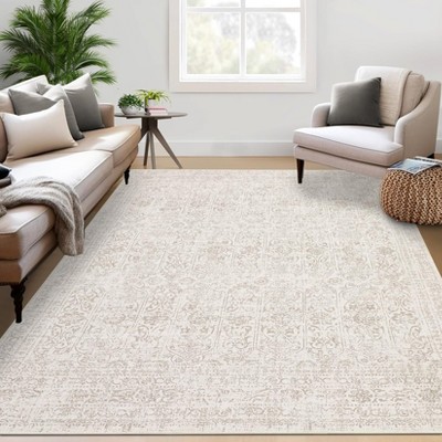 Large Washable Area Rug, Non-Slip Backing, Non-Shedding Oriental Distressed Carpet, Traditional Floral Design for Living Room & Bedroom (Beige)