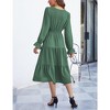 Women's Casual Wrap V Neck Midi Dress Long Sleeve Smocked Waist Tiered A Line Pleated Flowy Long Dress - 3 of 4