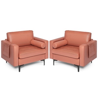 Costway Set of 2 Accent Armchair Single Sofa with Bolster & Side Storage Pocket Coral Pink/Grey