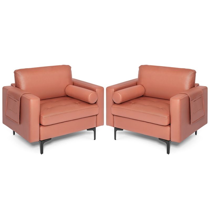 Costway Set of 2 Accent Armchair Single Sofa with Bolster & Side Storage Pocket Coral Pink/Grey, 1 of 11