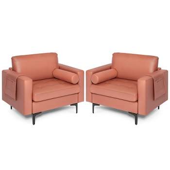 Costway Set of 2 Accent Armchair Single Sofa with Bolster & Side Storage Pocket Coral Pink/Grey