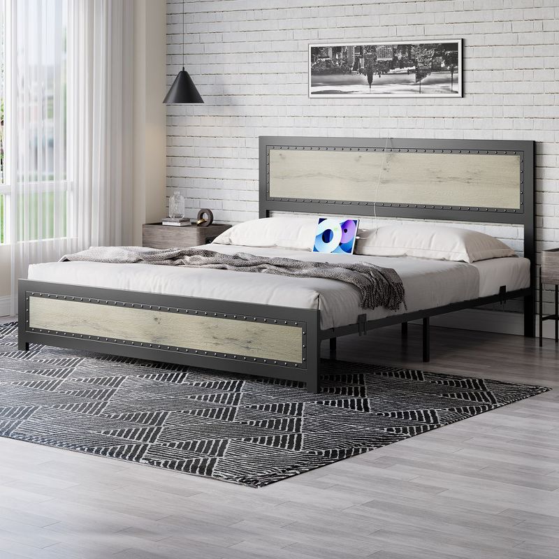 Whizmax Bed Frame with Headboard, Industrial Platform Bed Frame with Charge Station, No Box Spring Needed, Easy to Assemble, Gray, 3 of 8