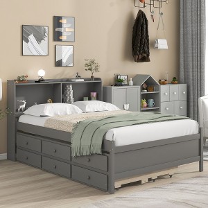 Full/Twin Size Platform Bed with Bookcase Headboard, Twin Size Trundle Bed and Drawers-ModernLuxe - 1 of 4