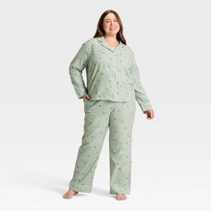 Women's Gingerbread Striped Flannel Long Sleeve Shirt and Pants Holiday Matching Family Pajama Set - Wondershop™ Cream - 1 of 4