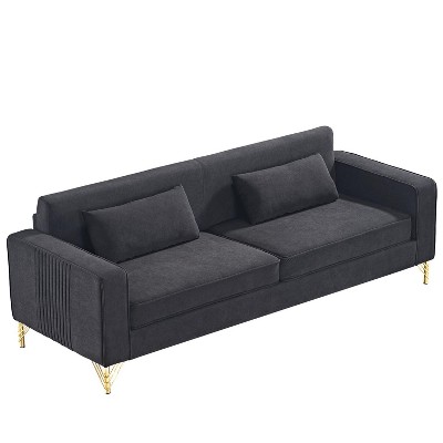 NicBex 85.8 Inch Velvet Sofas 3 Seater Couch with 2 Throw Pillows and Metal Legs for Living Room,Apartment,Office,Black
