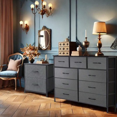 SKRAN 9-Drawer Dresser, Fabric Storage Tower For Bedroom, Tall Chest Organizer Unit With Fabric Bins, Steel Frame, Wood Top, Easy Pull Handle