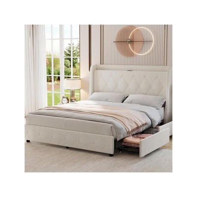 Platform Bed Frame with Upholstered Wingback Headboard, 4 Storage Drawers, Charging Station, Noise-Free Design, No Box Spring Needed.