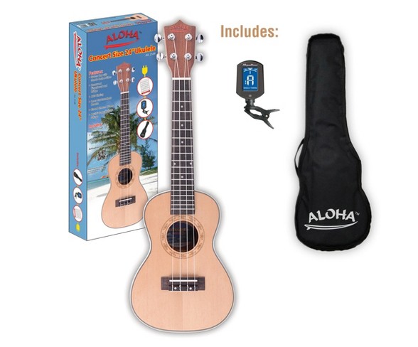 Aloha Concert Size Ukulele with Bonus Digital LED Tuner and Gig Bag