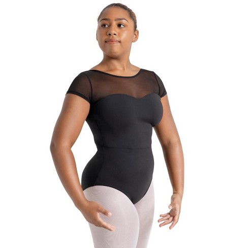 Capezio Black Women's Meryl Mesh Yoke Short Sleeve Leotard, X-small : Target