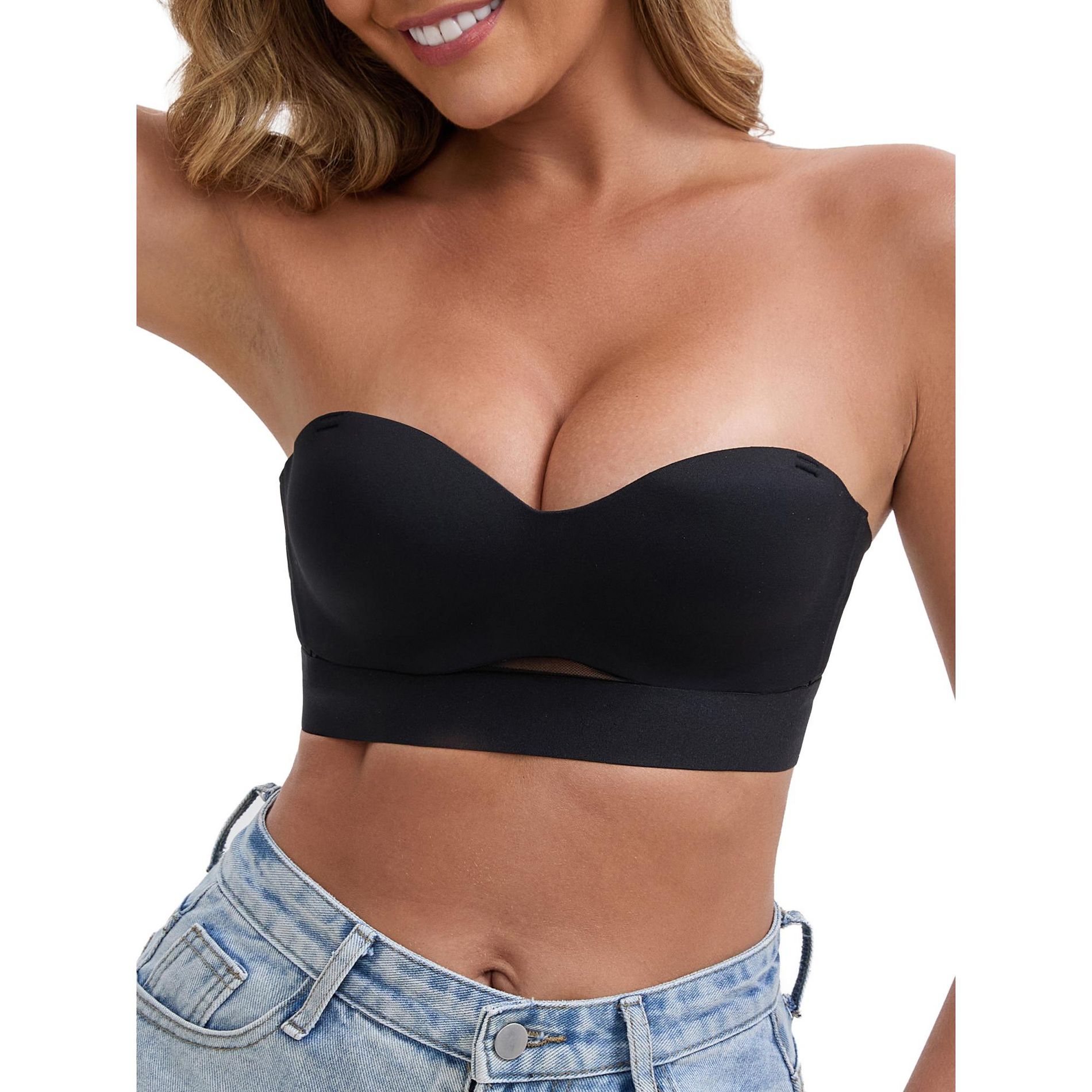 INSPIRE CHIC Women's Strapless Non Slip Wirefree Tube Sweetheart Neck Push-Up Cute Padded Convertible Bandeau Bras 34B Black