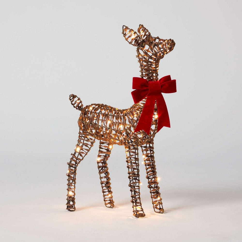 24" LED Faux Rattan Deer Fawn with Red Bow Christmas Novelty Sculpture Light - Wondershop™