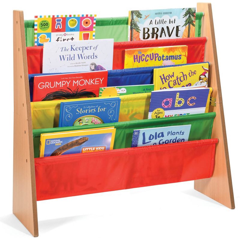 Toddler Book Shelf Organizer - Wooden Kids Book Case Storage & Magazine Rack with 5 Multicolored Nylon Fabric Shelves - Easy-to-Reach Kids Bookshelf, 1 of 8