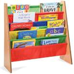 Toddler Book Shelf Organizer - Wooden Kids Book Case Storage & Magazine Rack with 5 Multicolored Nylon Fabric Shelves - Easy-to-Reach Kids Bookshelf