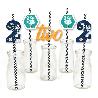 Big Dot of Happiness 2nd Birthday Two The Moon - Paper Straw Decor - Outer Space Second Birthday Party Striped Decorative Straws - Set of 24