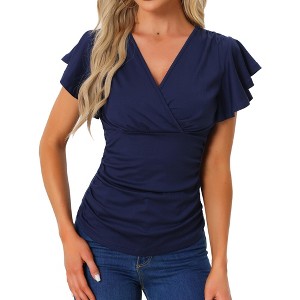Allegra K Women's Summer V Neck Ruffle Sleeve Casual Faux Wrap Blouse - 1 of 4