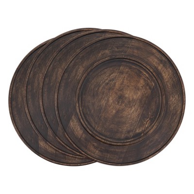 Dark Brown Round Bamboo Wood Charger Plates, Set of 4