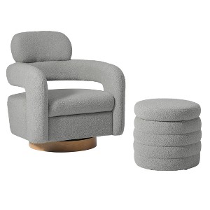 WestinTrends Alexandria Mid-Century Modern Faux Shearling Swivel Barrel Accent Chair With Storage Ottoman - 1 of 4
