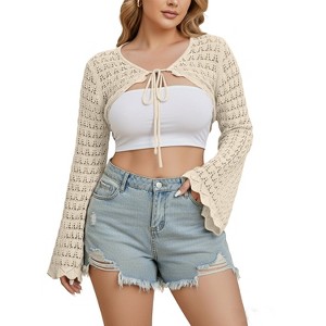 Plus Size Crochet Shrug Cardigan for Women Tie Front Bell Sleeve