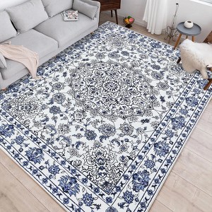 Coucheta Vintage Distressed Medallion Area Rug, Machine Washable Non-Slip Boho Floral Carpet for Living Room, Bedroom & Dining Room, Office, Nursery - 1 of 4