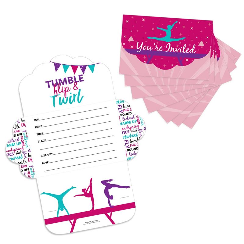Big Dot of Happiness Tumble, Flip & Twirl - Gymnastics - Fill-In Cards - Birthday Party or Gymnast Party Fold and Send Invitations - Set of 8, 1 of 9