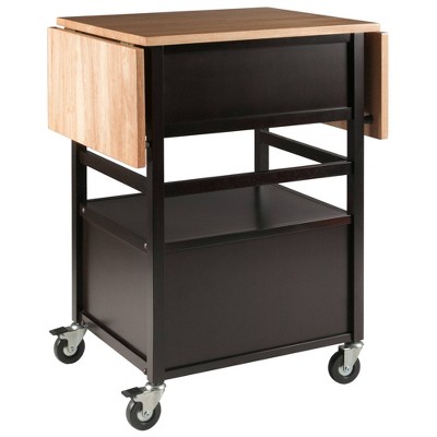 Light Wood and Black Drop Leaf Kitchen Cart with Storage