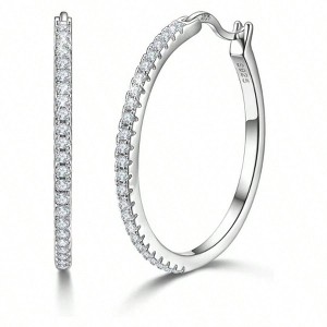 Sterling Silver Hoops Earrings with Zircon Halo, 20 - 40mm Big Round Loops for Women - 1 of 4