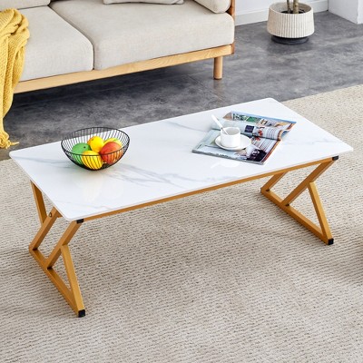 Vynxaria Contemporary Coffee Table Rock Slab Top (White Marble Pattern), Golden Metal X-Legs, Durable, Easy Assembly
