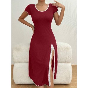 Ribbed Short Sleeve Midi Dress Lace Slit Contrast Trim Fashion Dress for Women - 1 of 4