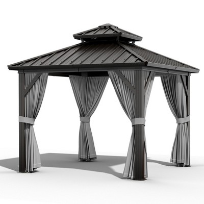 Acekool 10'x10' Hardtop Gazebo for Patio with Netting and Curtains, Metal Roof Canopy Aluminium Frame Permanent Pavilion