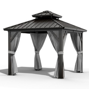 Acekool Hardtop Gazebo for Patio with Netting and Curtains, Metal Roof Canopy Aluminium Frame Permanent Pavilion, Brown - 1 of 4