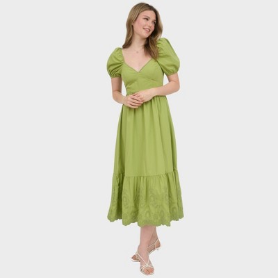 Sweetheart Neck Puff Sleeve Eyelet Hem Midi Dress